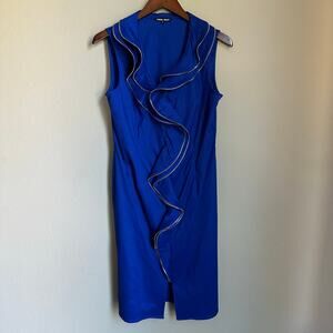 Samuel Dong Bold Blue Cocktail Dress Zipper Knee Length Ruffle High-Fashion
